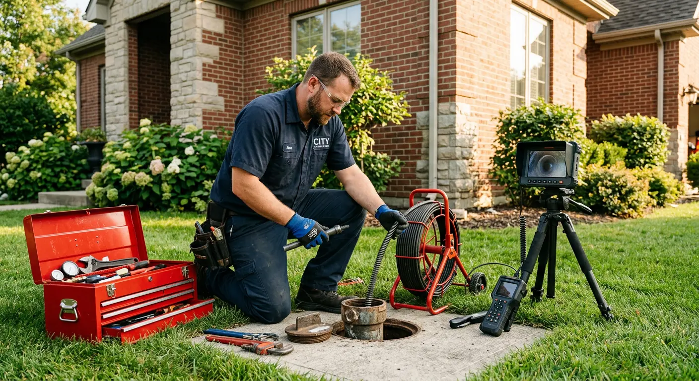 Sewer specialist with camera equipment servicing a cleanout in Bell