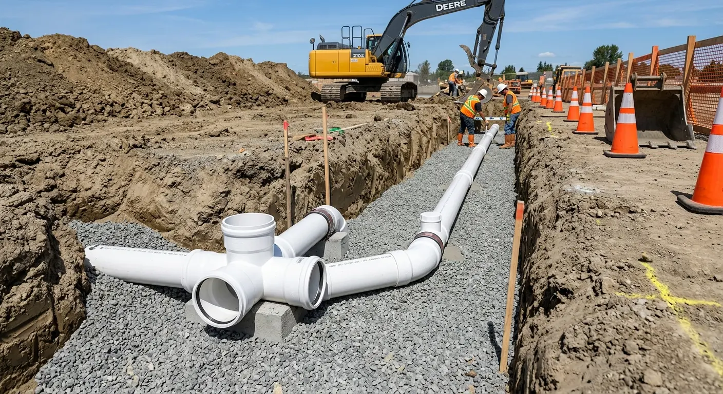 New PVC sewer pipe installation in open trench for Sewer Backup in Bell