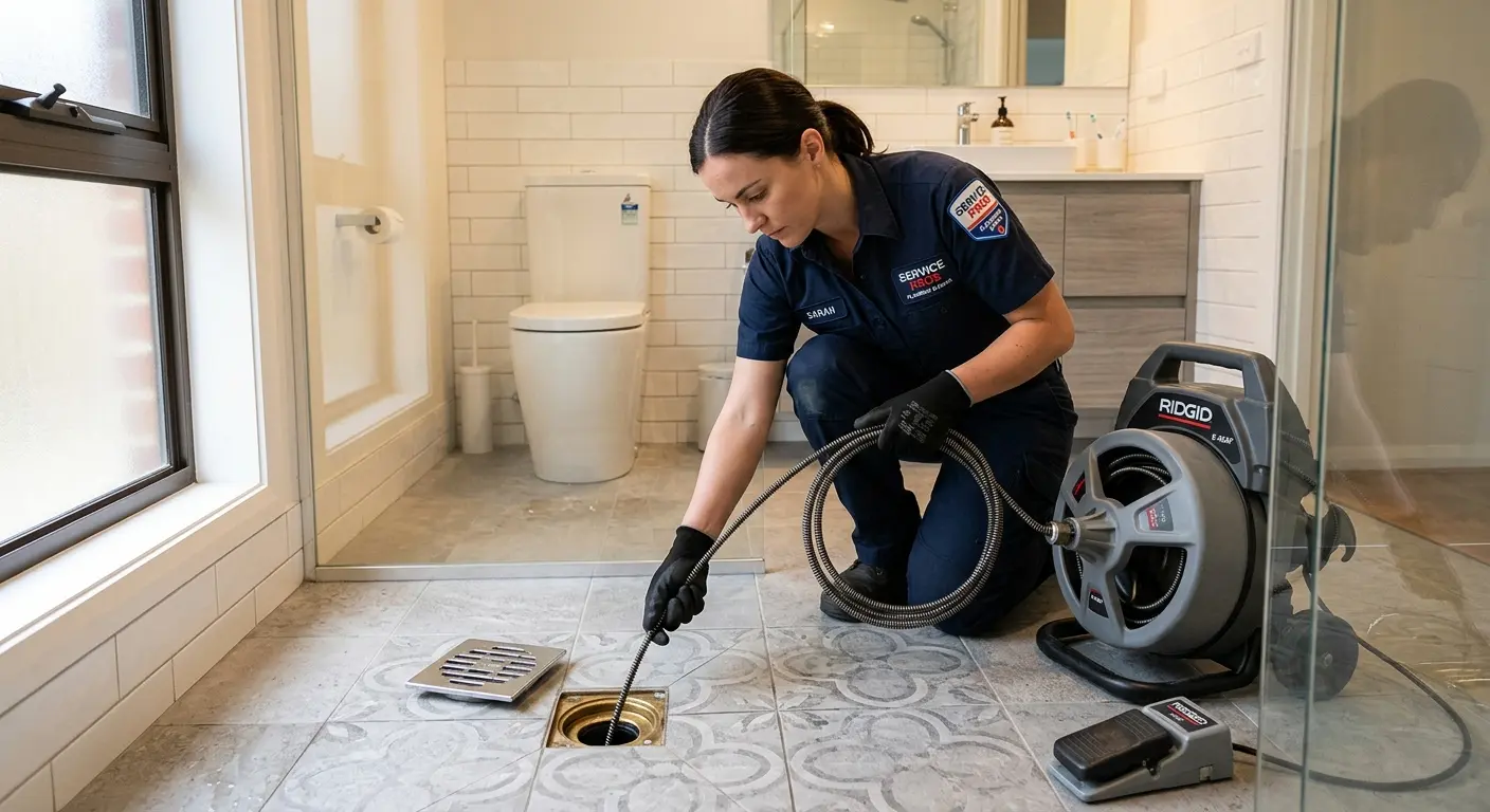 Technician clearing a bathroom floor drain for Sewer Line Replacement in Bell